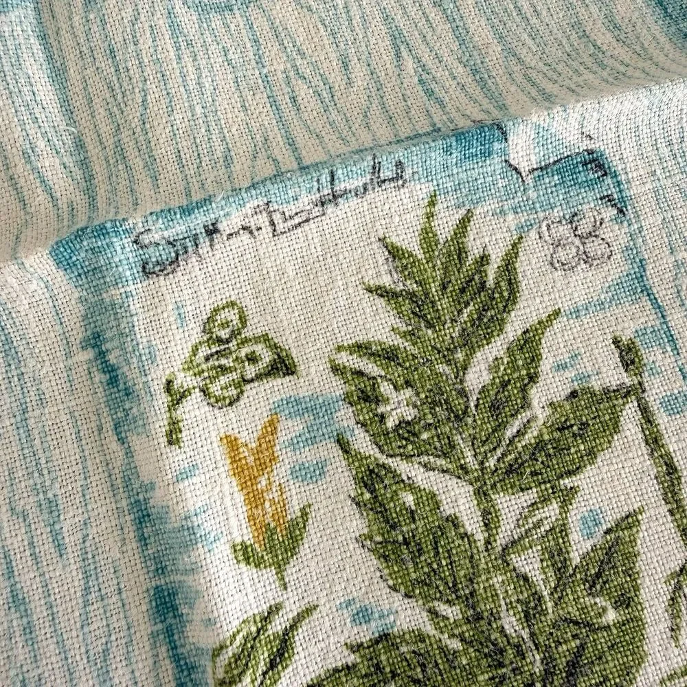 Vintage Rooster Mushrooms Canisters Linen Tea Towel Turquoise Harvest Gold Green